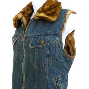 Esprit Vintage Reversible Faux Fur Denim Vest Jacket Full Zipper Fur Collar S